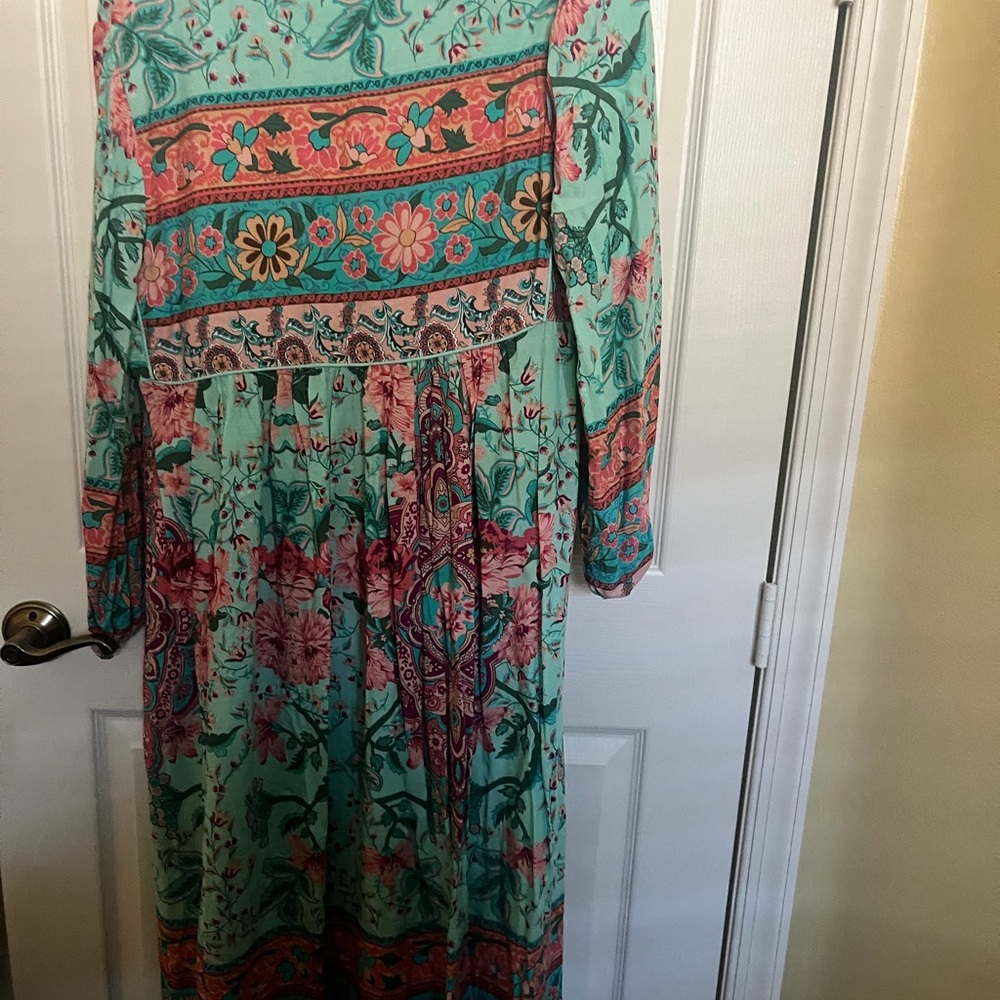 Floral Bohemian Long Sleeve Maxi Dress in Aqua